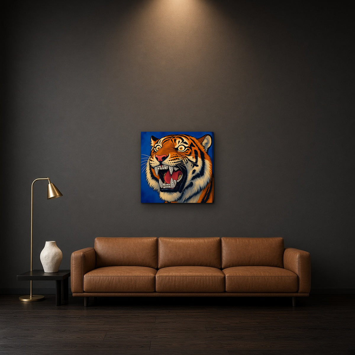 Blue Hour Tiger Canvas — 24×24 (in room)