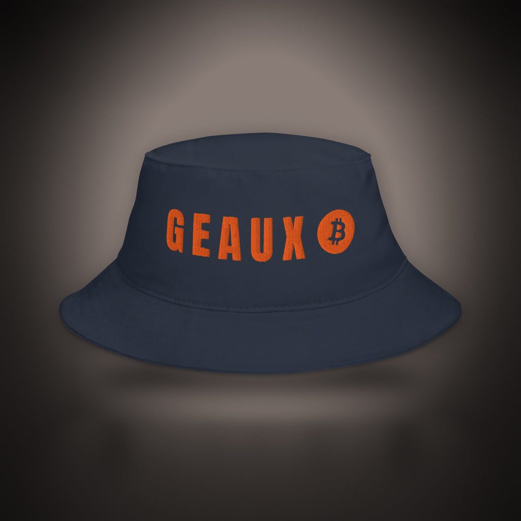 GEAUX ₿ Bucket Hat in Navy, straight-on
