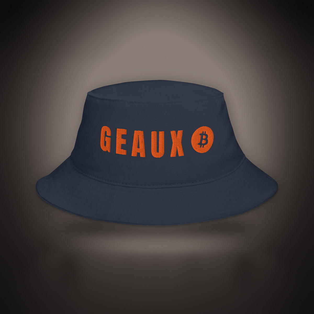 GEAUX ₿ Bucket Hat in Navy, straight-on