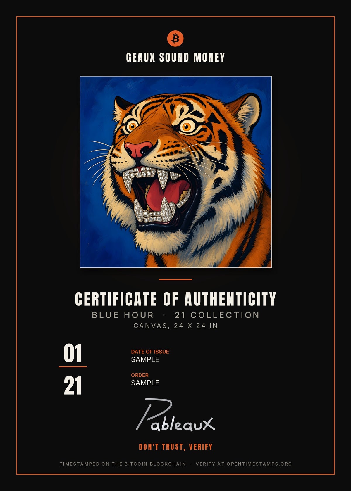 Certificate of Authenticity sample, 01/21, Blue Hour Tiger Canvas 24x24
