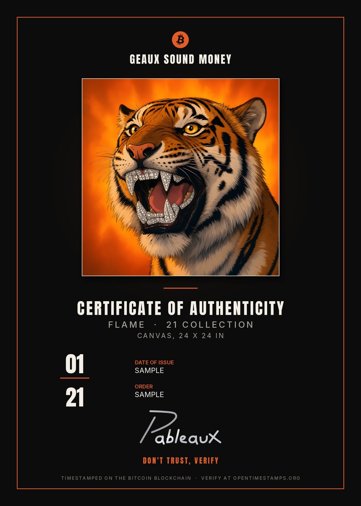 Certificate of Authenticity sample, 01/21, Flame Tiger Canvas 24x24