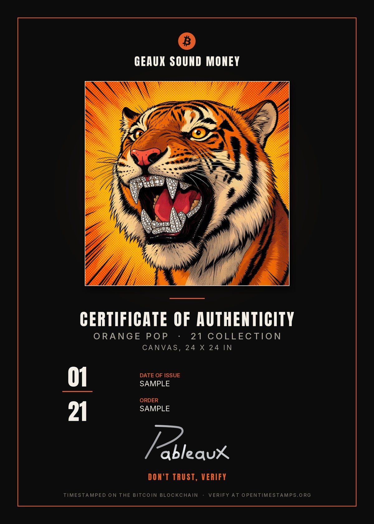 Certificate of Authenticity sample, 01/21, Orange Pop Tiger Canvas 24x24