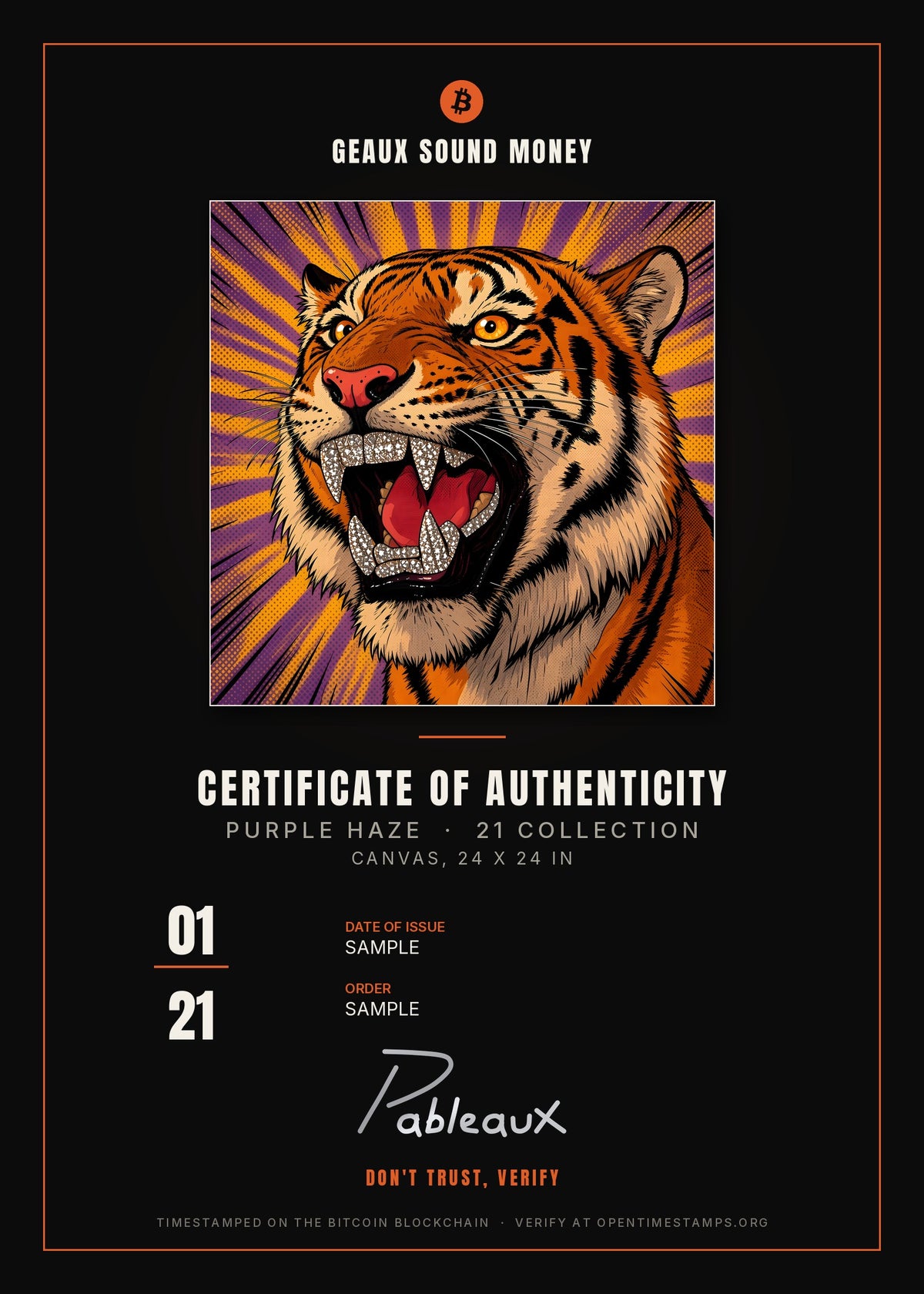 Certificate of Authenticity sample, 01/21, Purple Haze Tiger Canvas 24x24
