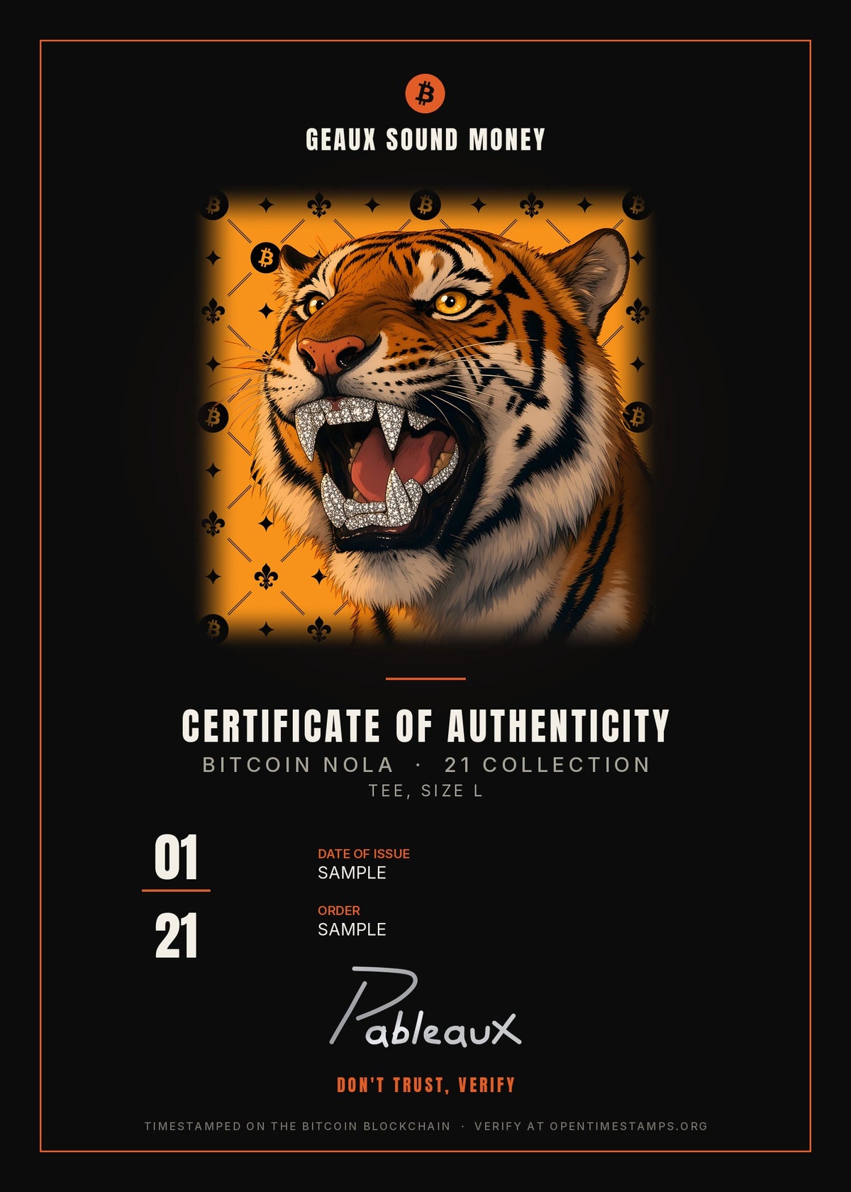 Certificate of Authenticity sample, 01/21, Bitcoin NOLA Tiger Tee