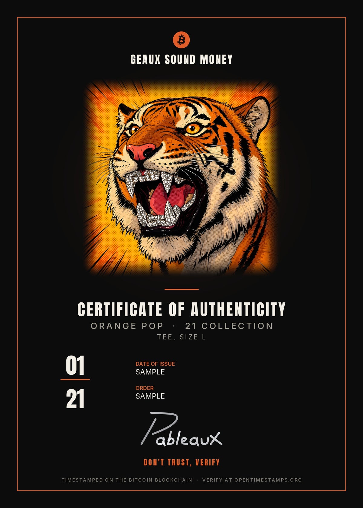 Certificate of Authenticity sample, 01/21, Orange Pop Tiger Tee