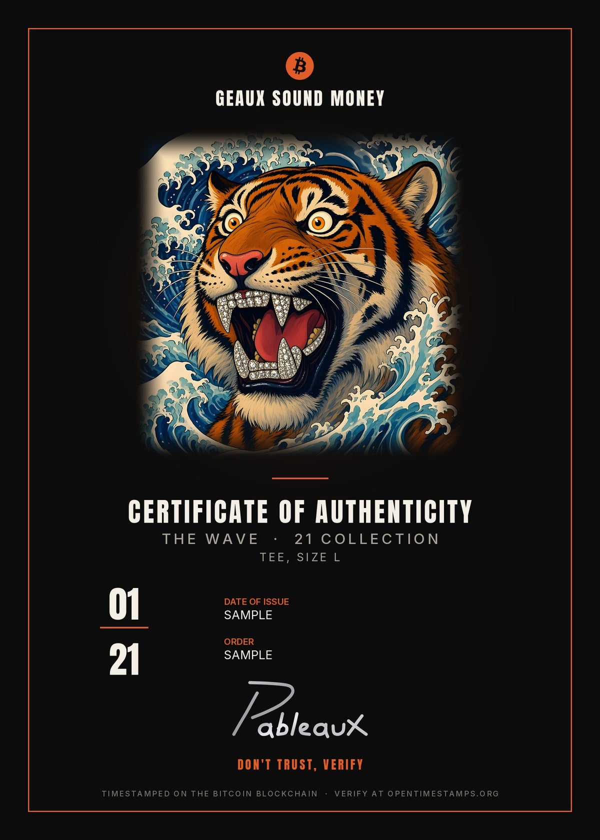 Certificate of Authenticity sample, 01/21, The Wave Tiger Tee