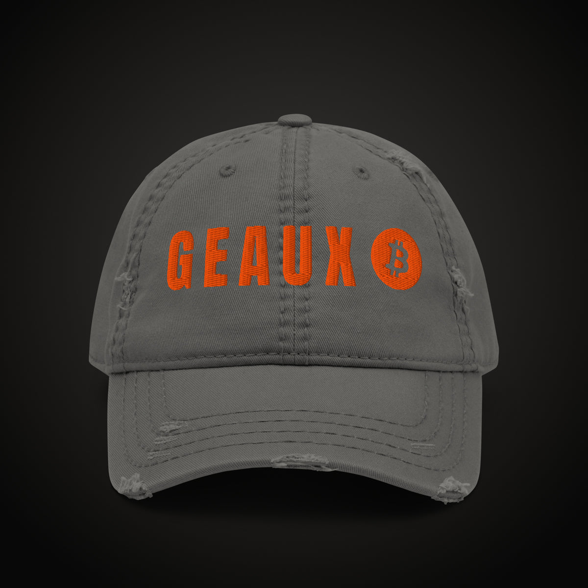 GEAUX ₿ Distressed Dad Hat in Charcoal, front