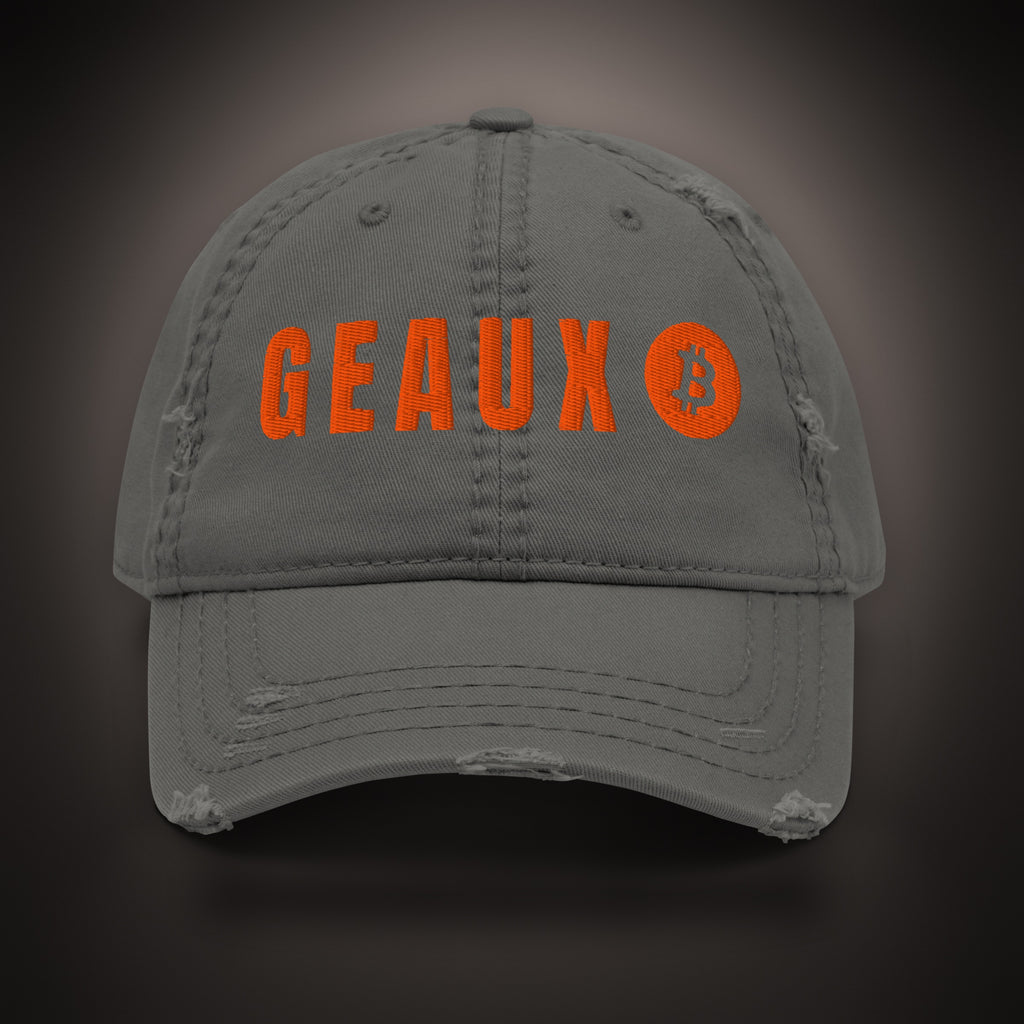 GEAUX ₿ Distressed Dad Hat in Charcoal, straight-on