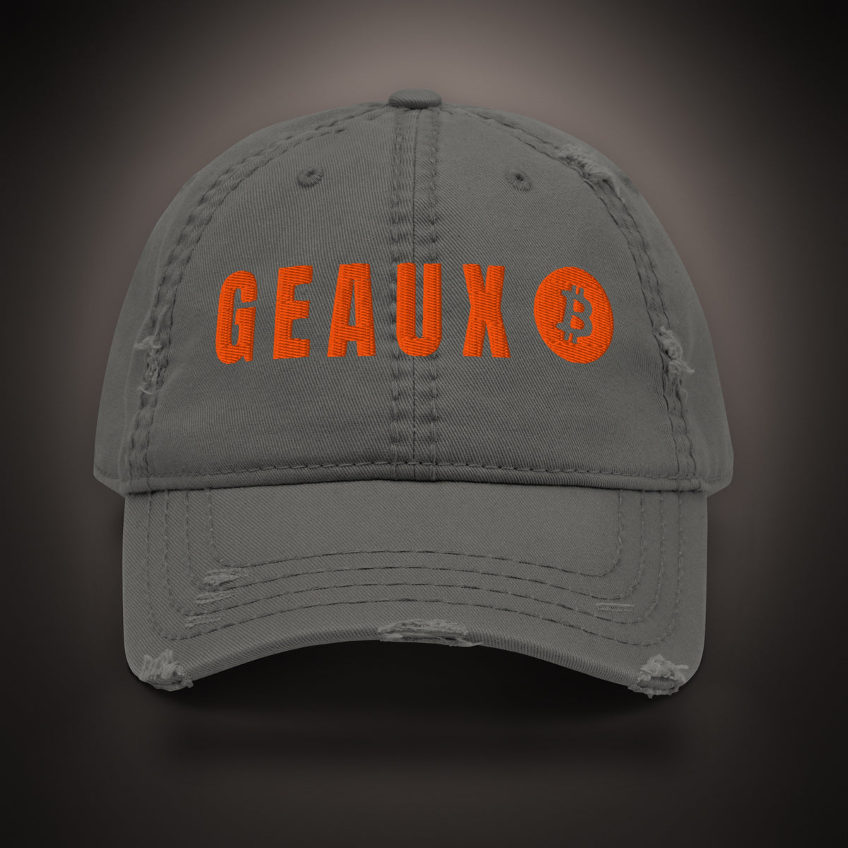 GEAUX ₿ Distressed Dad Hat in Charcoal, straight-on
