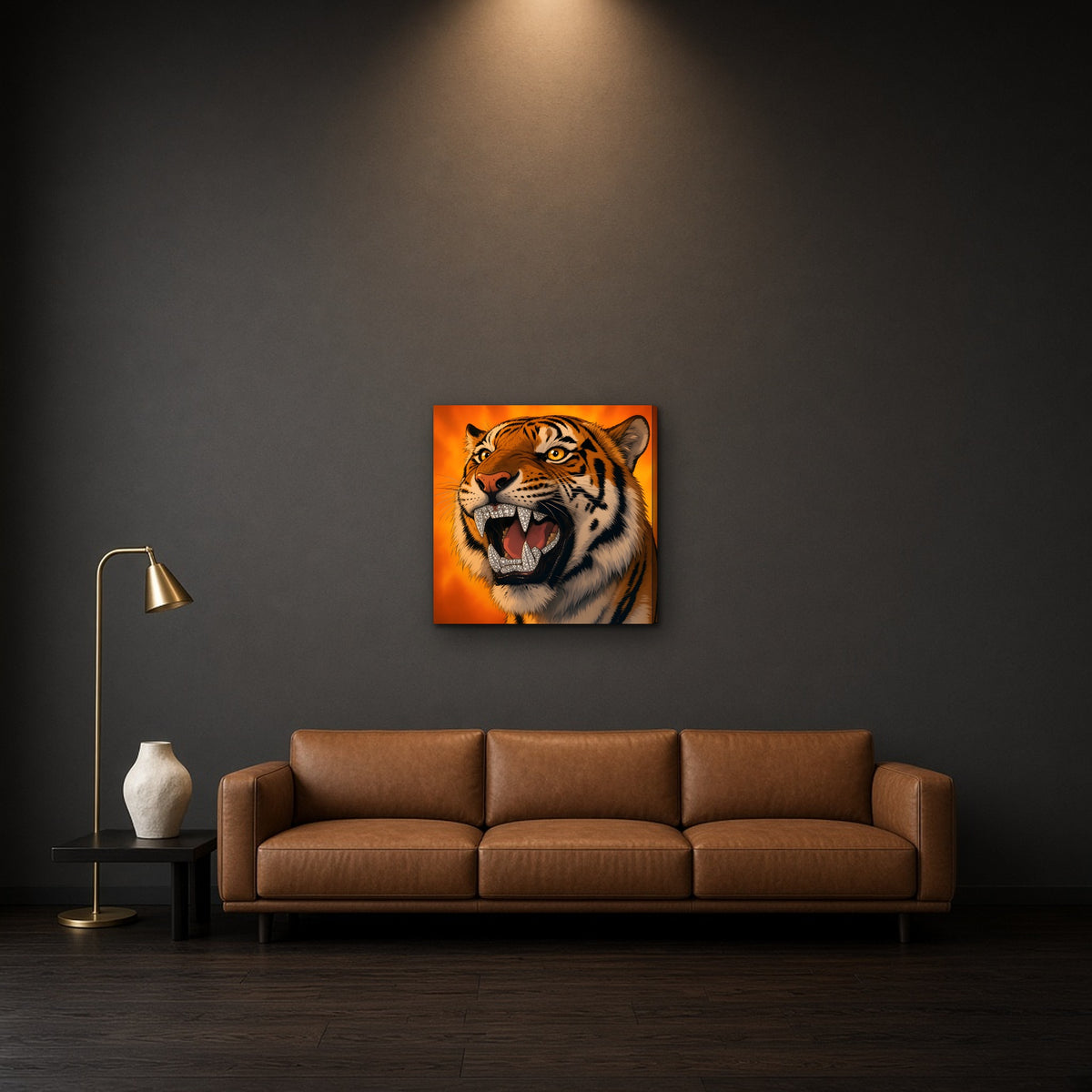 Flame Tiger Canvas — 24×24 (in room)