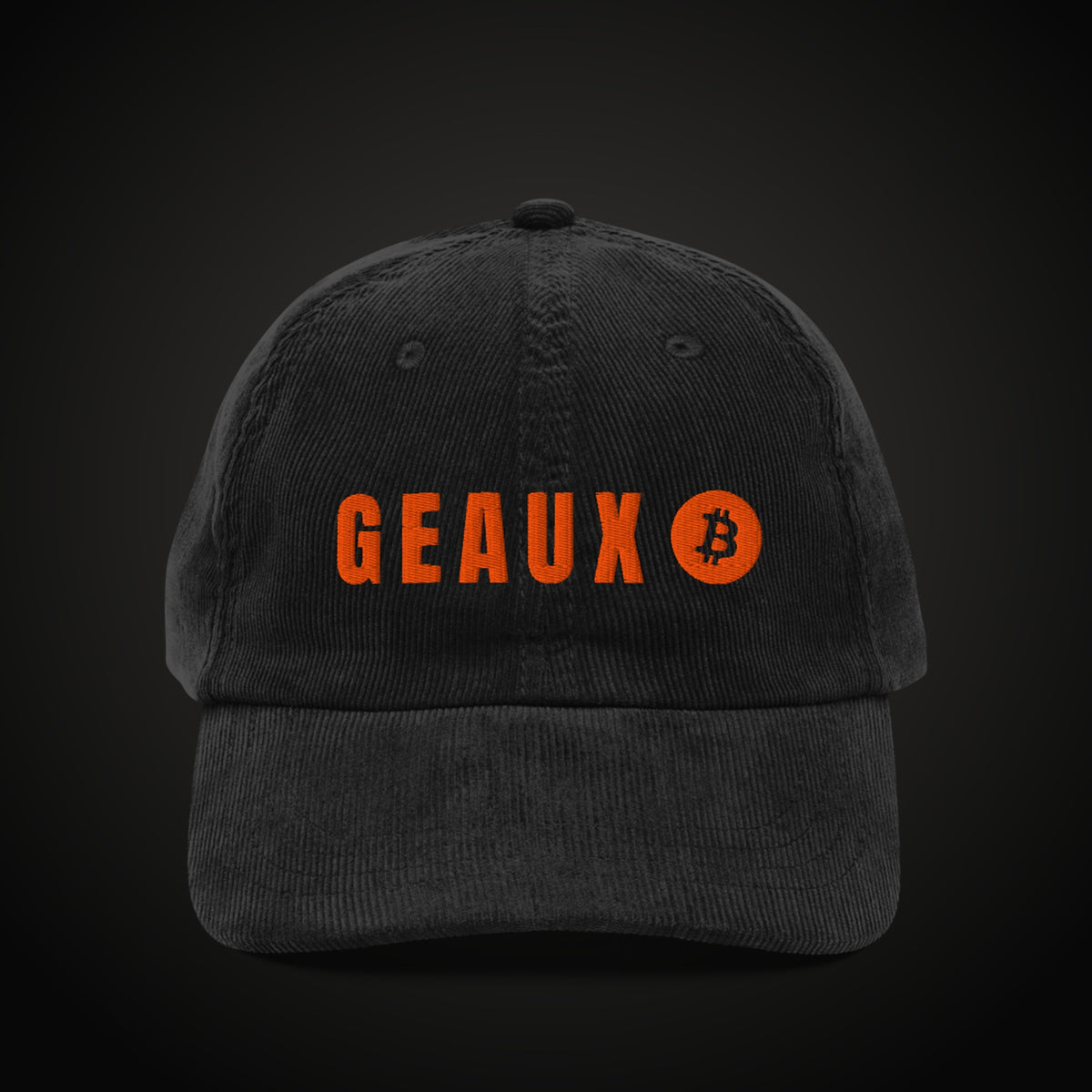 GEAUX ₿ corduroy cap front view