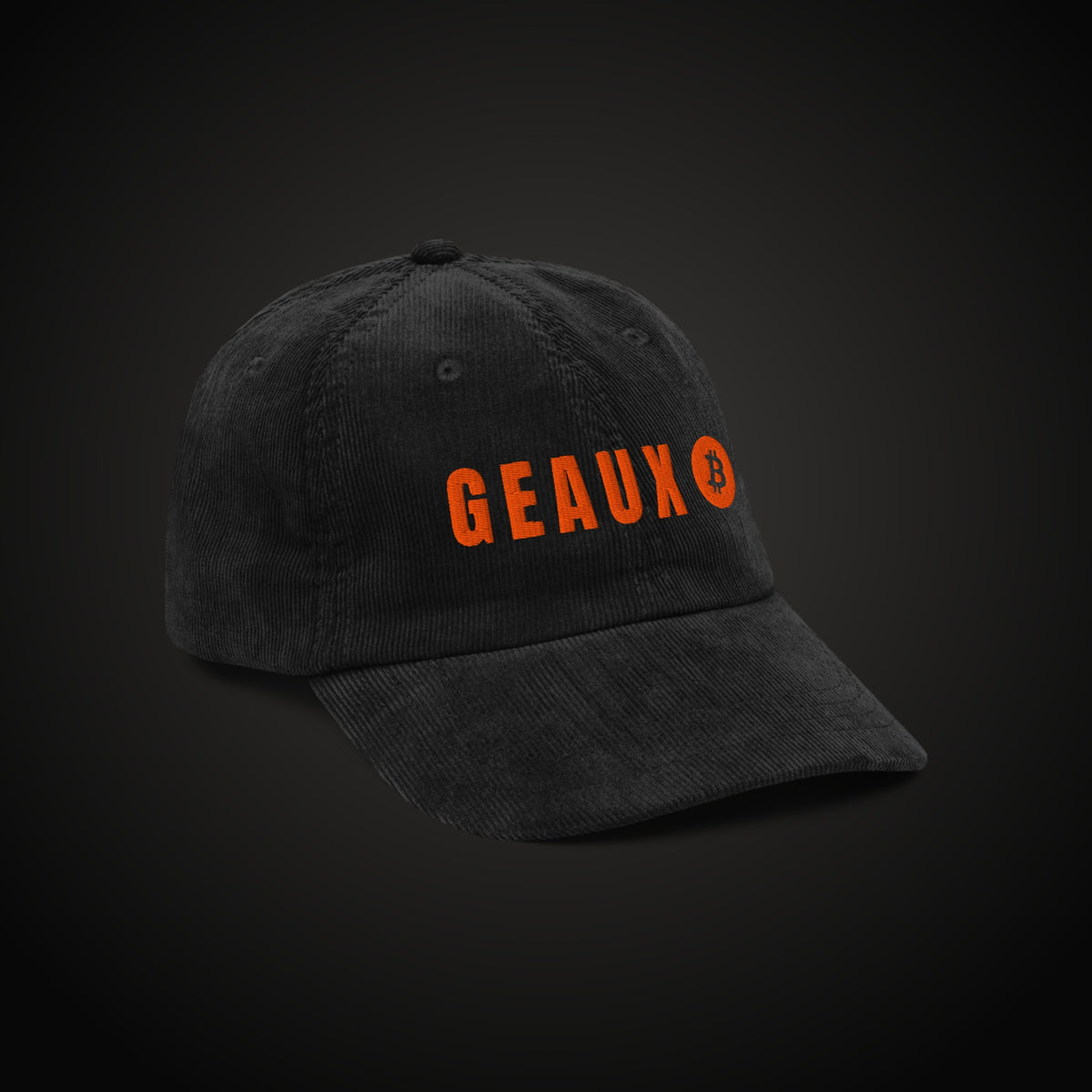 GEAUX ₿ black corduroy cap with orange embroidery