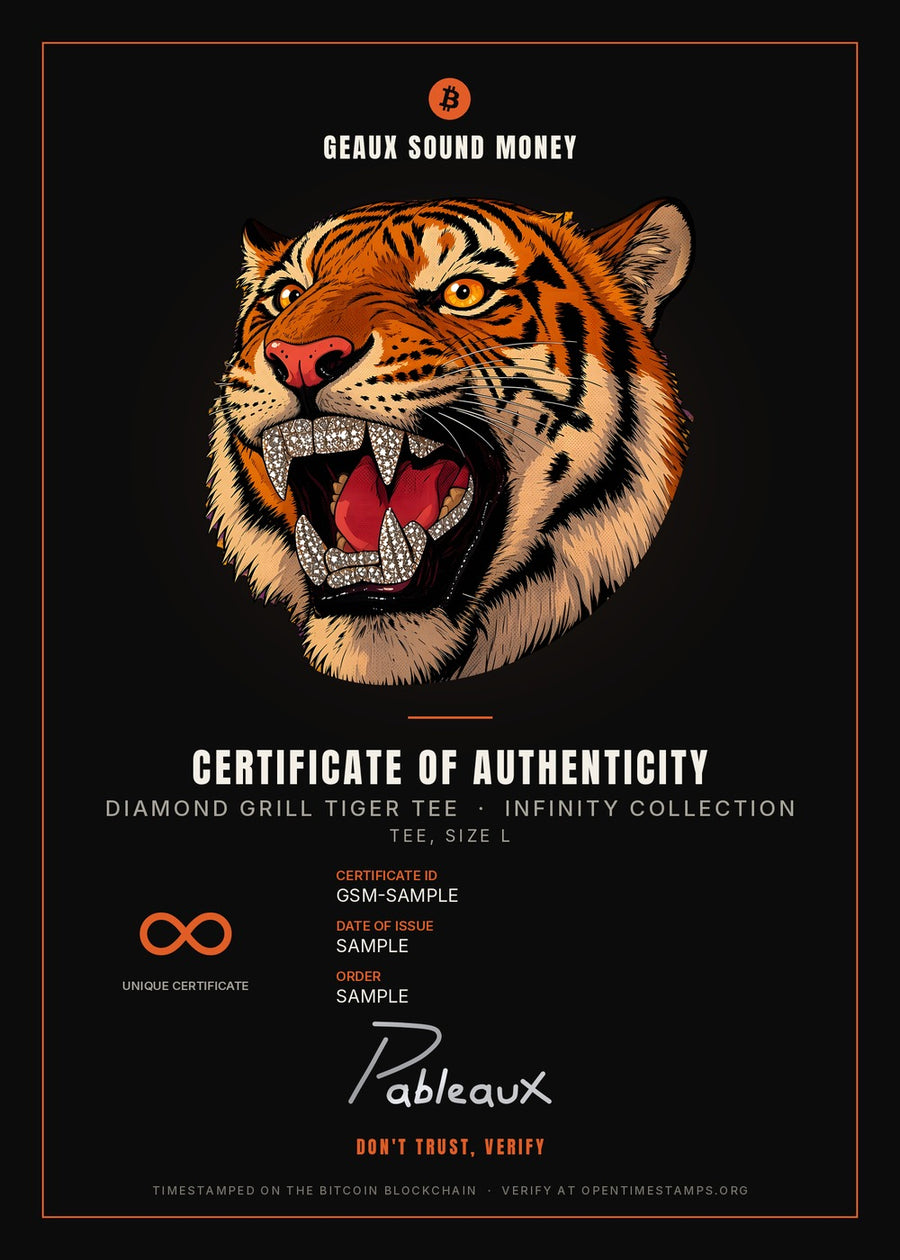 Sample Geaux Sound Money Certificate of Authenticity