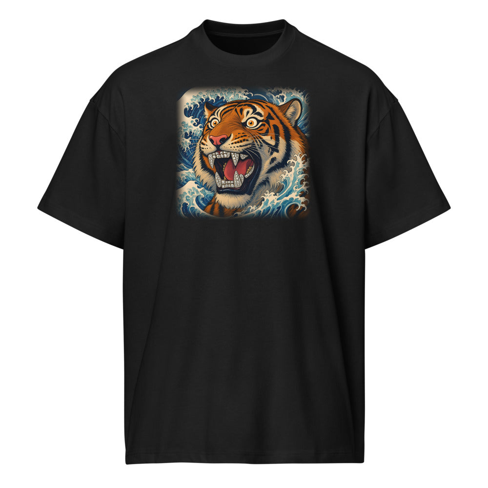 The Wave Tiger Tee on black heavyweight box tee