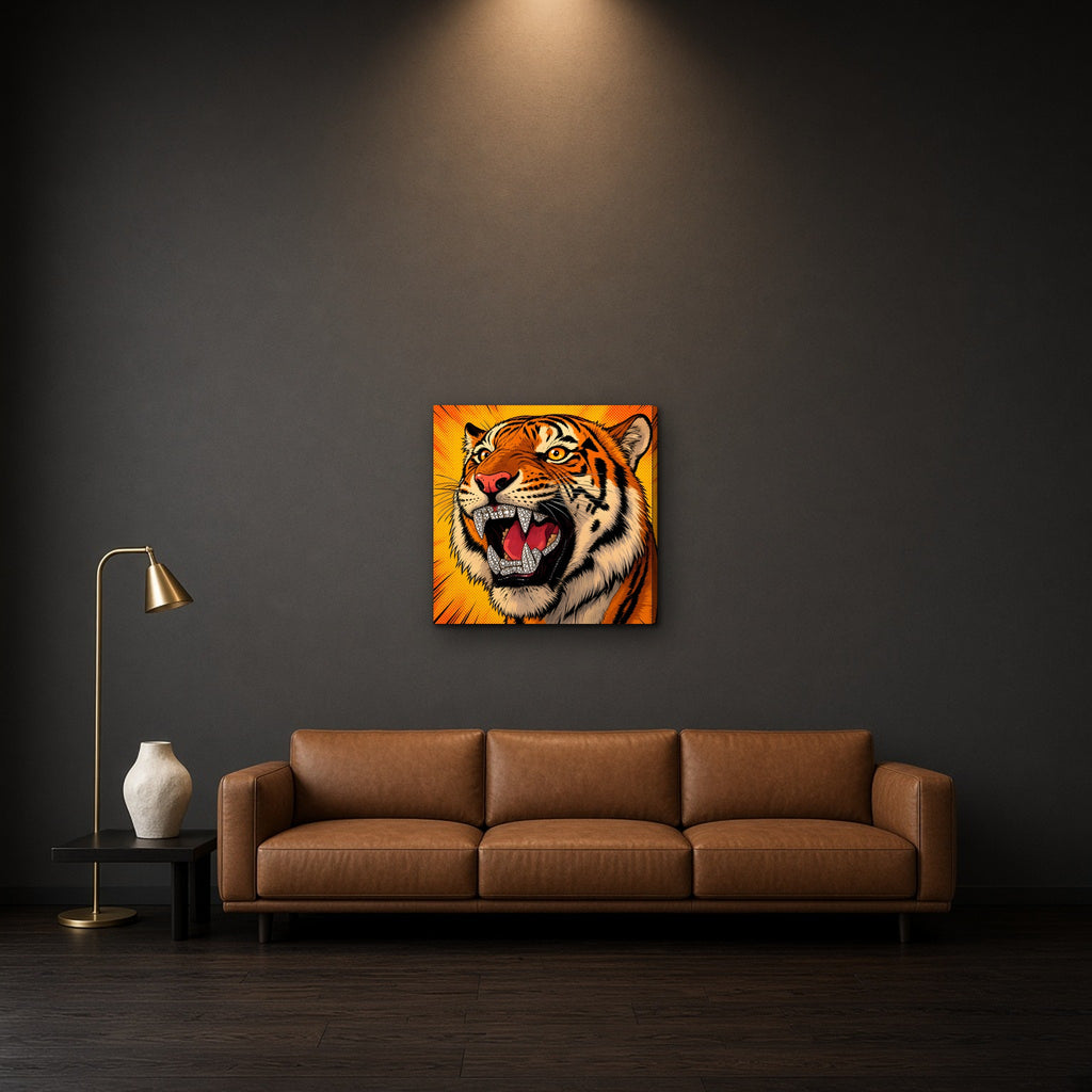 Orange Pop Tiger Canvas — 24×24 (in room)