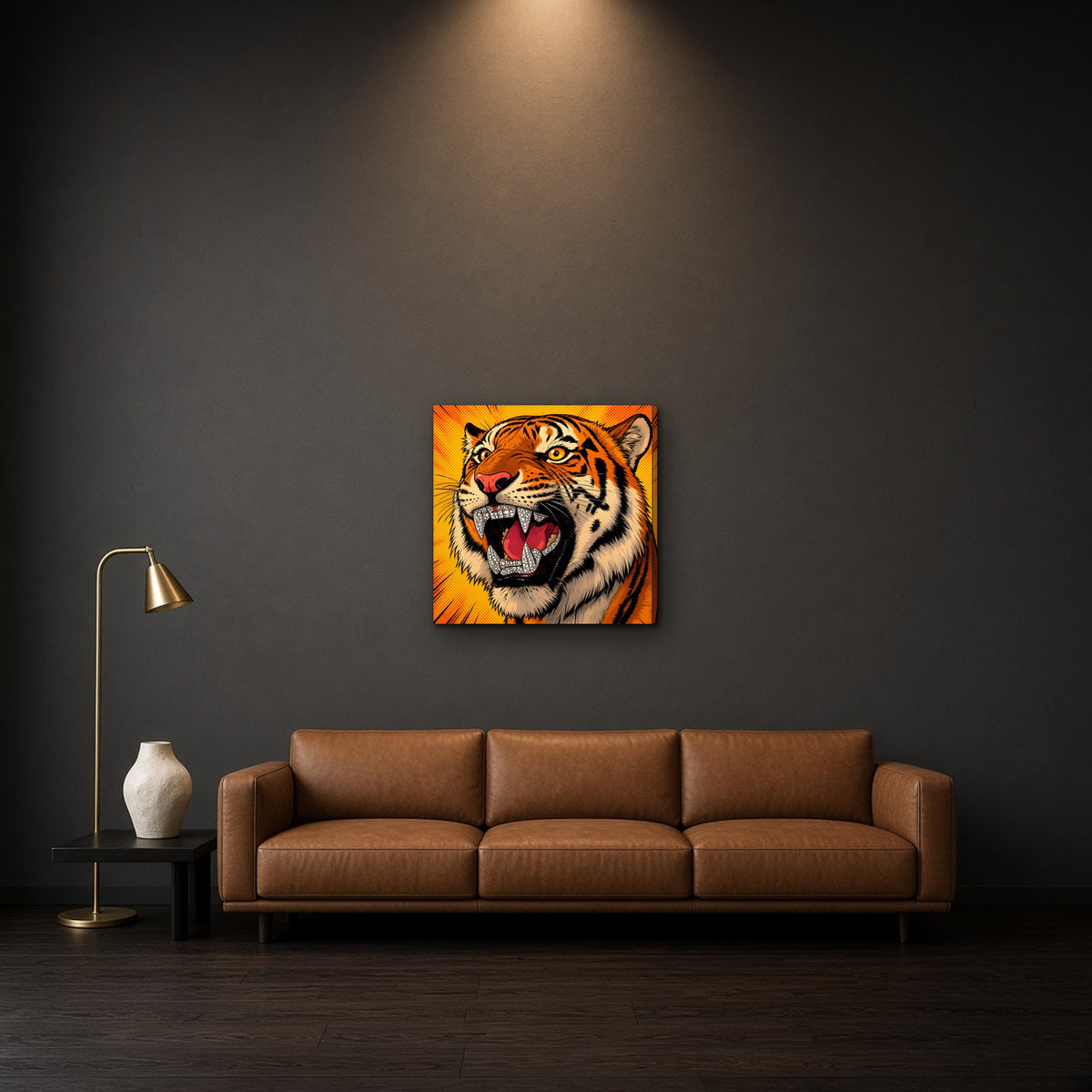 Orange Pop Tiger Canvas — 24×24 (in room)