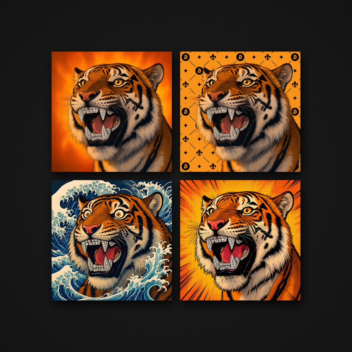 Flame Tiger Canvas, 2x2 grid of the 21 Collection