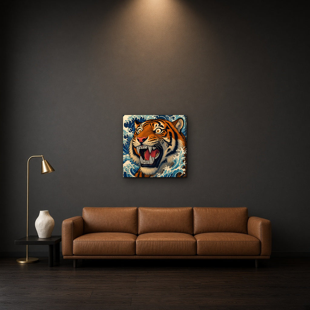 The Wave Tiger Canvas — 24×24 (in room)